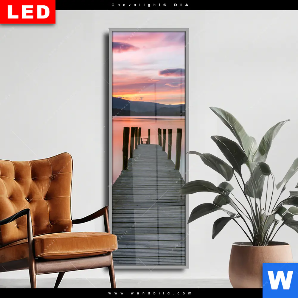 Wechselmotiv Acrylglas Canvalight® DIA | Steg in den Sonnenuntergang | Schmal