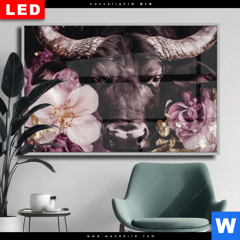 Wechselmotiv Acrylglas Canvalight® DIA | Stier mit Blumen | Querformat