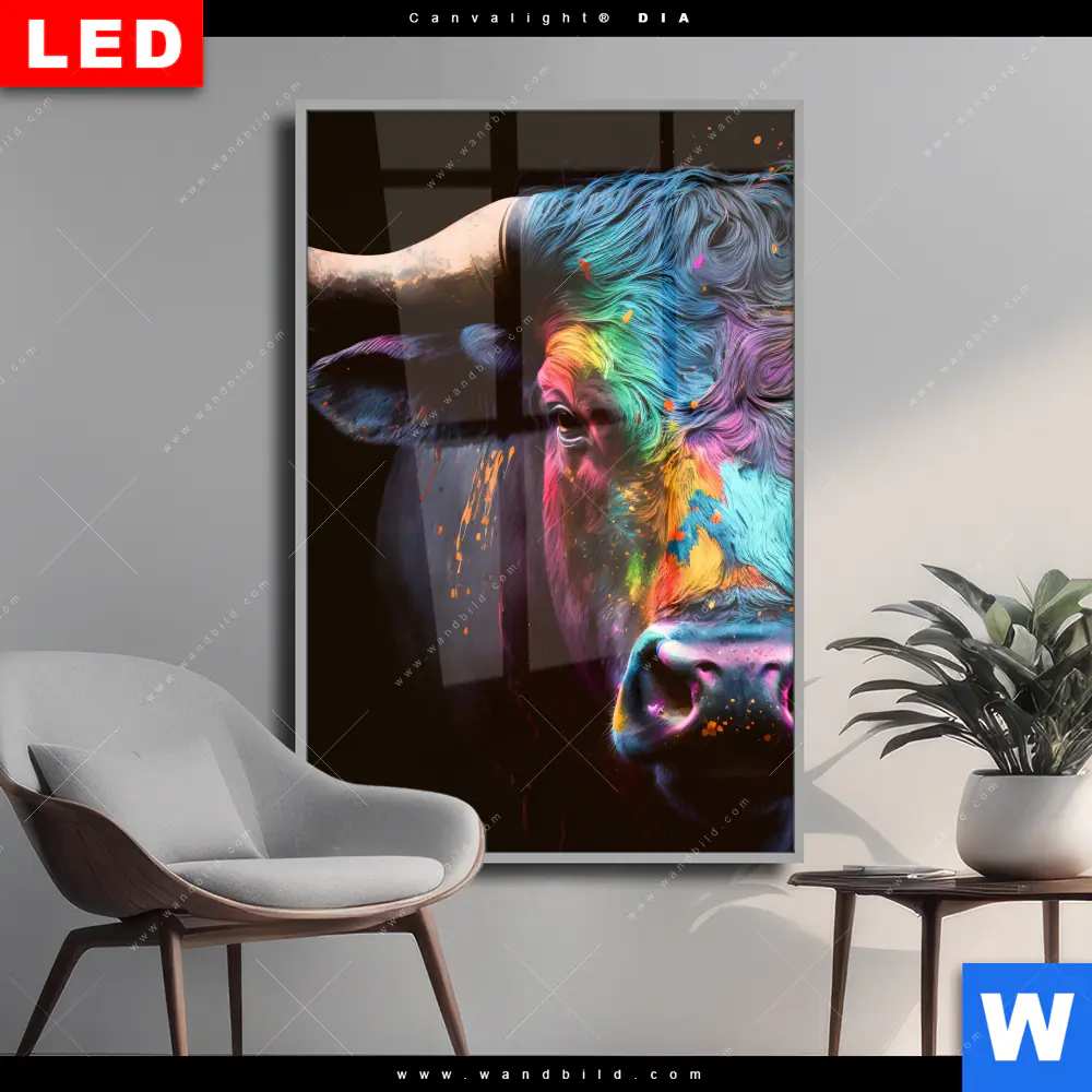 Wechselmotiv Acrylglas Canvalight® DIA | Stier mit bunten Farben | Hochformat