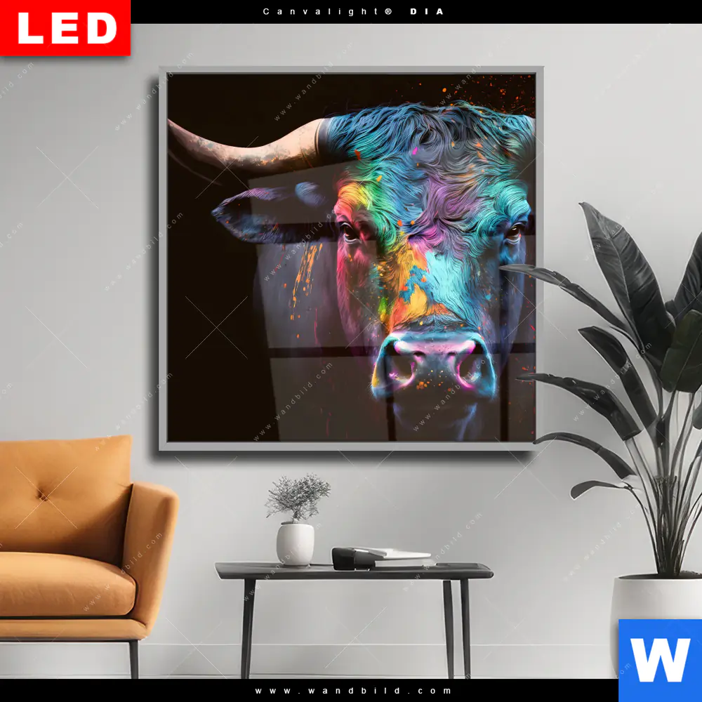 Wechselmotiv Acrylglas Canvalight® DIA | Stier mit bunten Farben | Quadrat