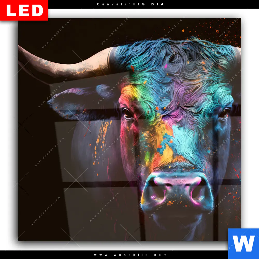 Wechselmotiv Acrylglas Canvalight® DIA | Stier mit bunten Farben | Quadrat - Image 2