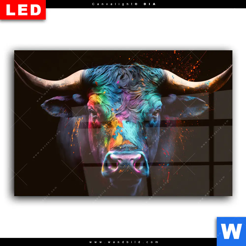 Wechselmotiv Acrylglas Canvalight® DIA | Stier mit bunten Farben | Querformat - Image 2