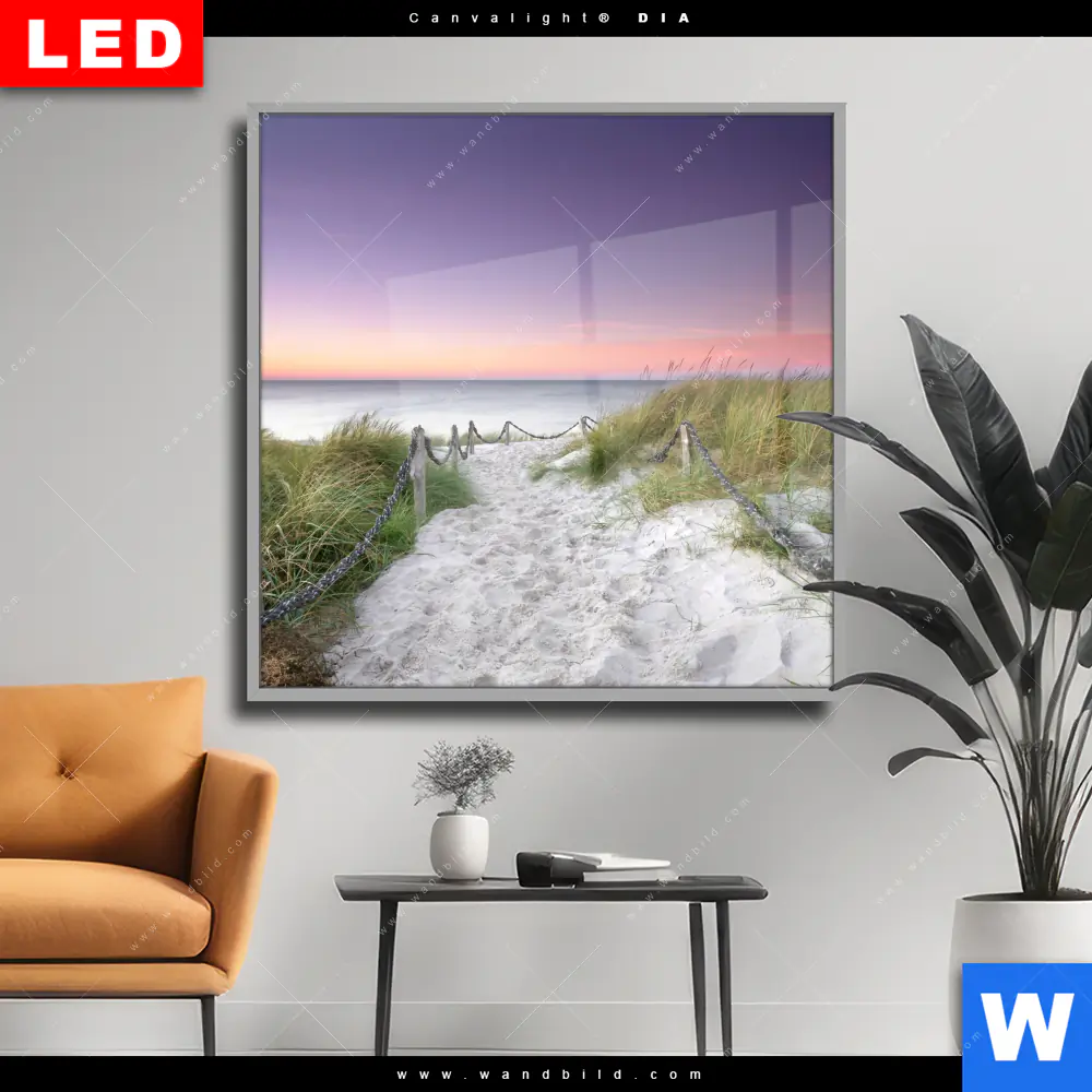 Wechselmotiv Acrylglas Canvalight® DIA | Strandweg im Sonnenuntergang | Quadrat