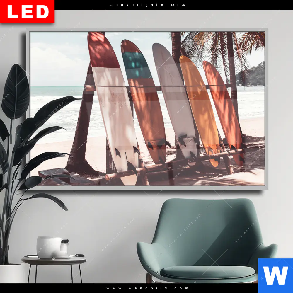 Wechselmotiv Acrylglas Canvalight® DIA | Surfbretter und Palmen | Querformat