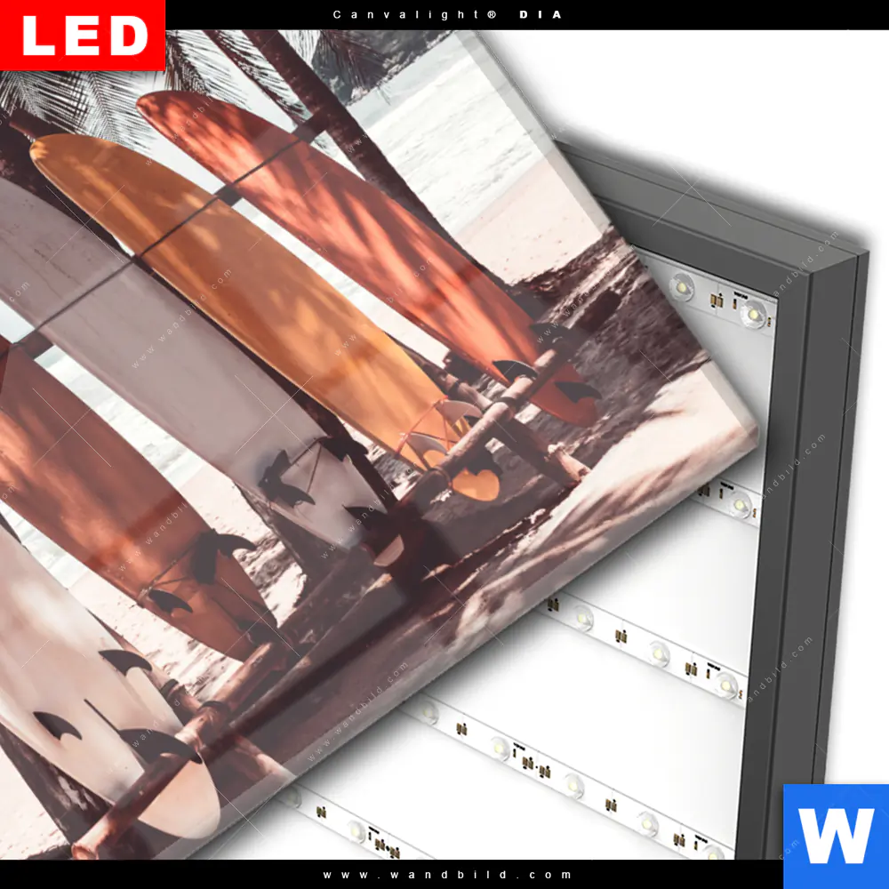 Wechselmotiv Acrylglas Canvalight® DIA | Surfbretter und Palmen | Querformat - Image 3