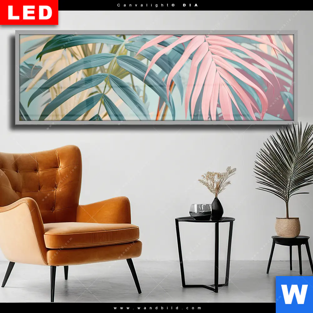 Wechselmotiv Acrylglas Canvalight® DIA | Tropische Blätter in Pastellfarben | Panorama