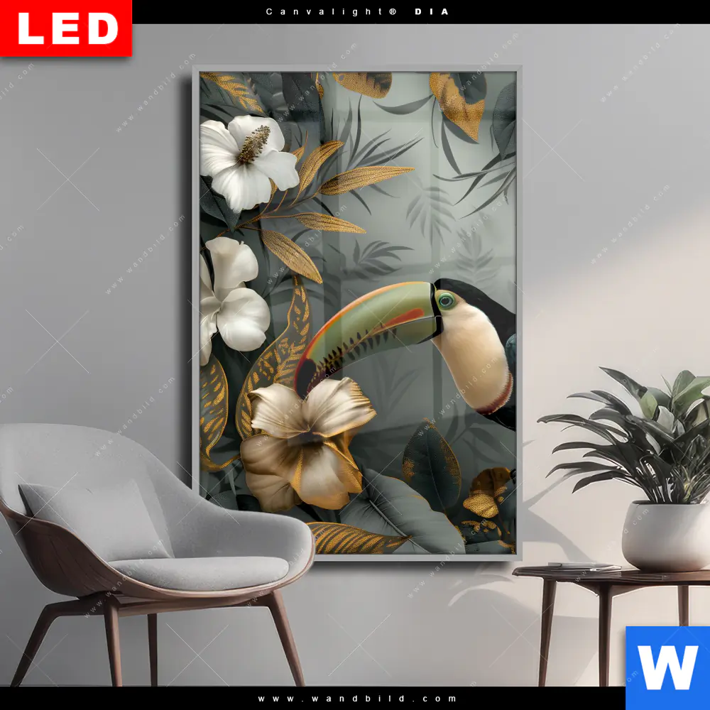 Wechselmotiv Acrylglas Canvalight® DIA | Tukan im goldenen Regenwald | Hochformat