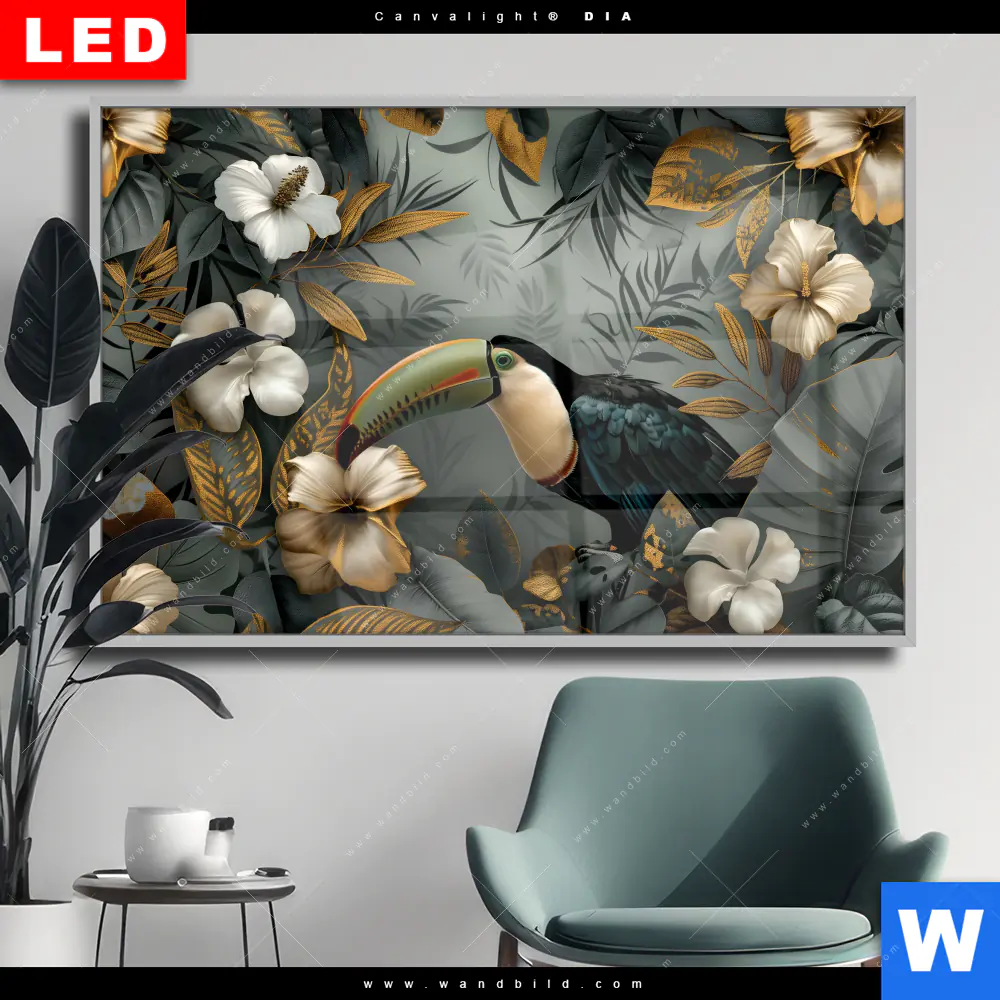 Wechselmotiv Acrylglas Canvalight® DIA | Tukan im goldenen Regenwald | Querformat