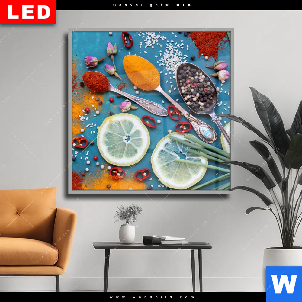 Wechselmotiv Acrylglas Canvalight® DIA | Vintage Silberlöffel mit Gewürzen | Quadrat