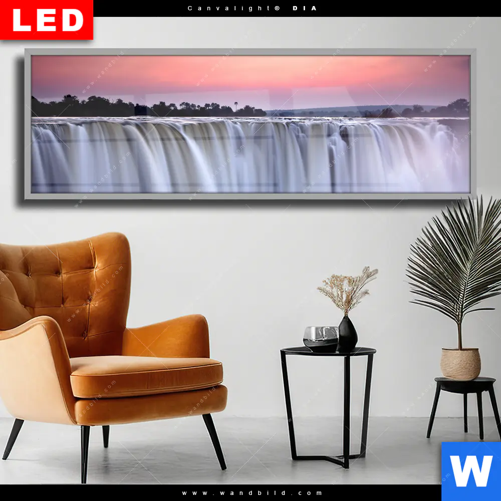 Wechselmotiv Acrylglas Canvalight® DIA | Wasserfall bei Abendröte | Panorama