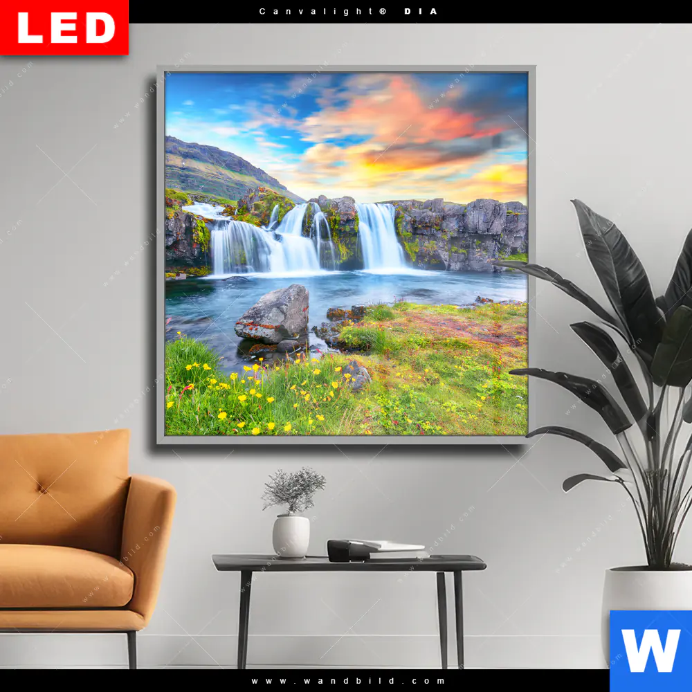 Wechselmotiv Acrylglas Canvalight® DIA | Wasserfall bei Sonnenuntergang | Quadrat