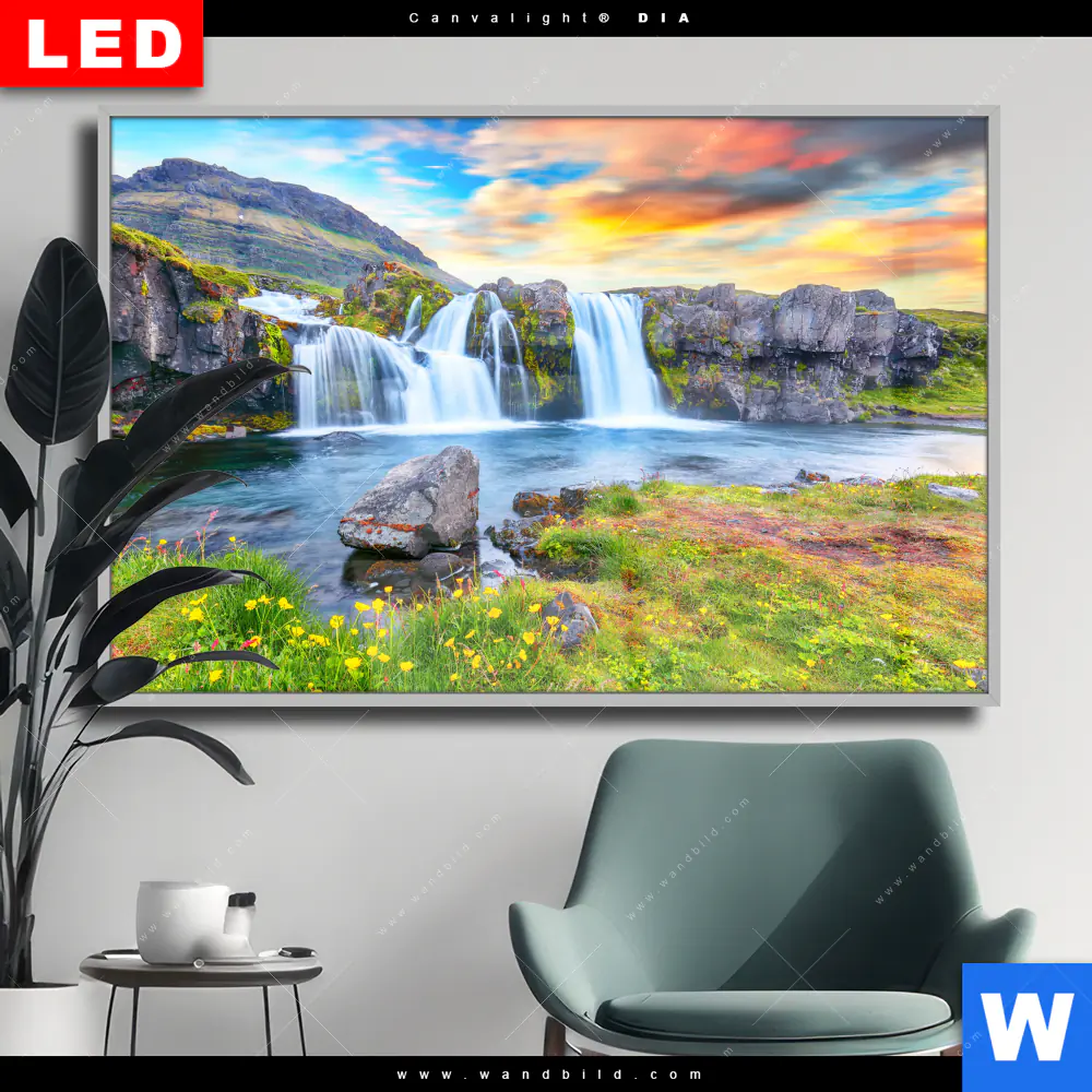 Wechselmotiv Acrylglas Canvalight® DIA | Wasserfall bei Sonnenuntergang | Querformat