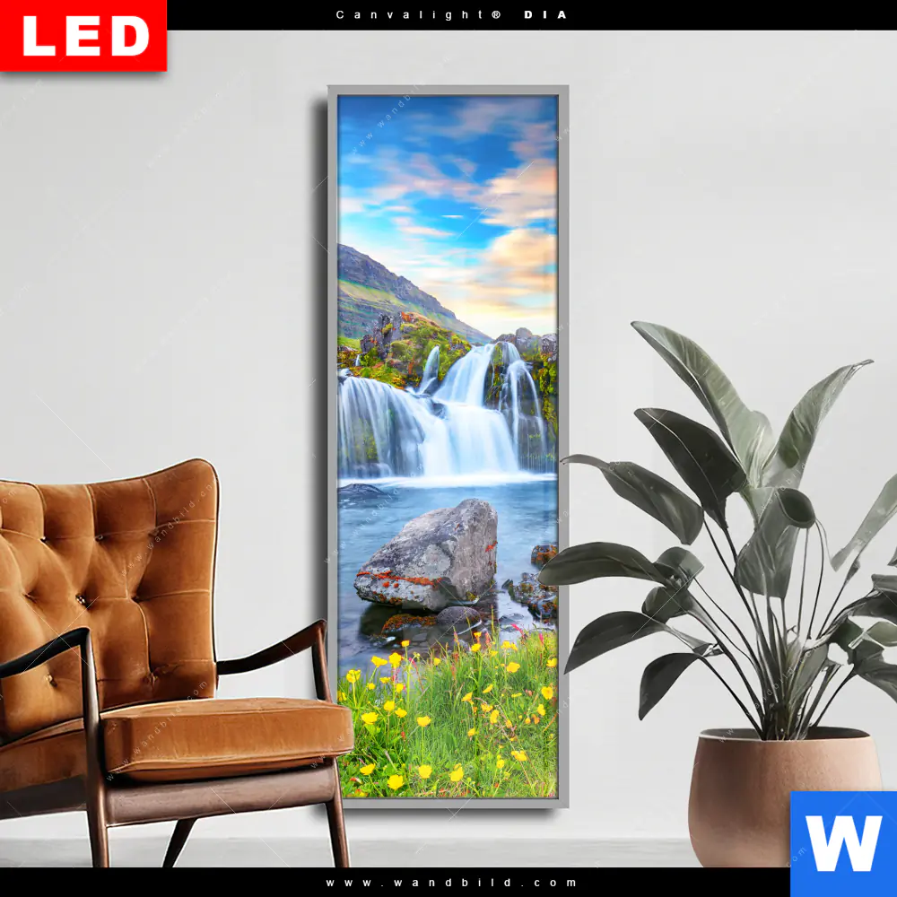 Wechselmotiv Acrylglas Canvalight® DIA | Wasserfall bei Sonnenuntergang | Schmal