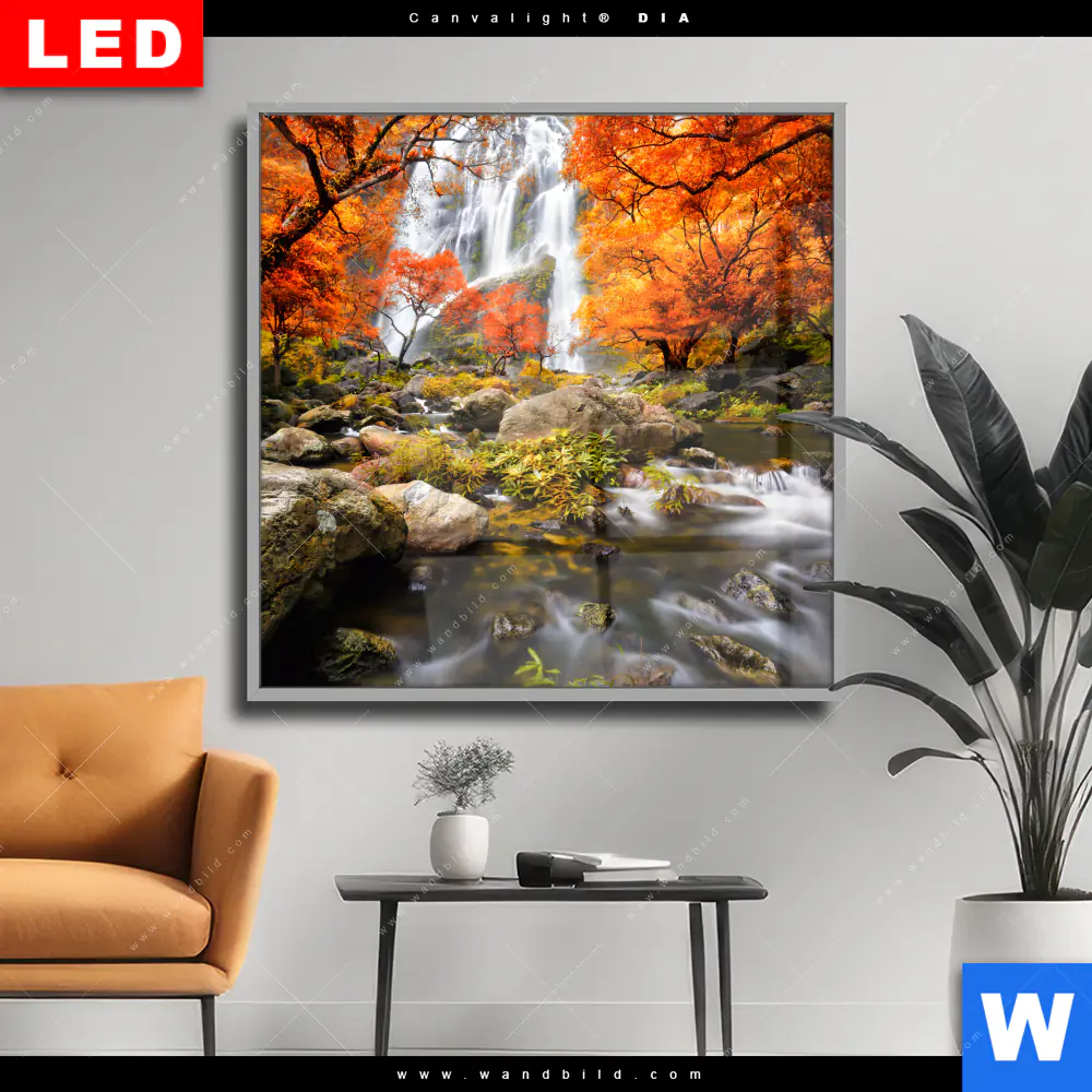 Wechselmotiv Acrylglas Canvalight® DIA | Wasserfall in Herbstlandschaft | Quadrat