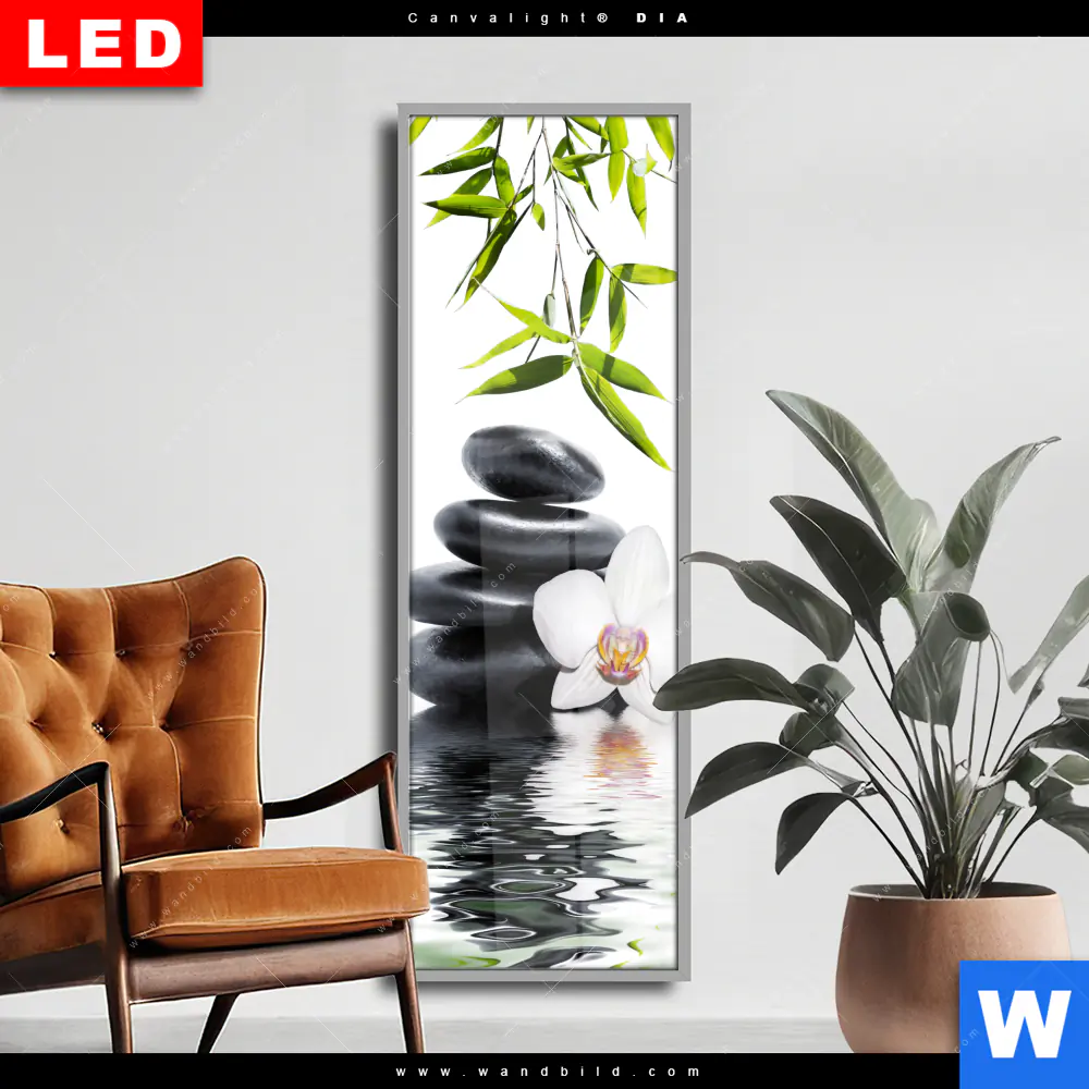 Wechselmotiv Acrylglas Canvalight® DIA | Weiße Orchidee & Zensteine | Schmal
