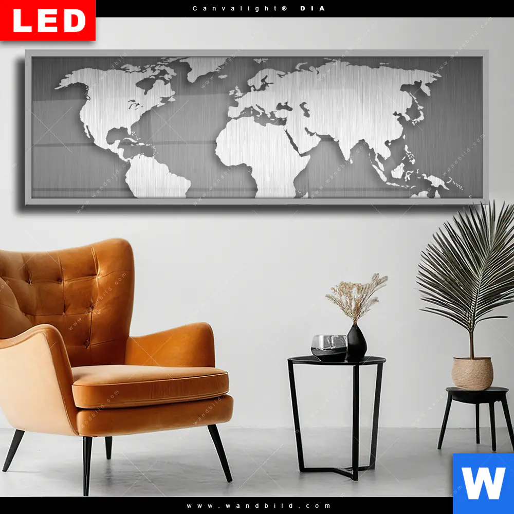 Wechselmotiv Acrylglas Canvalight® DIA | Weltkarte Edelstahloptik | Panorama