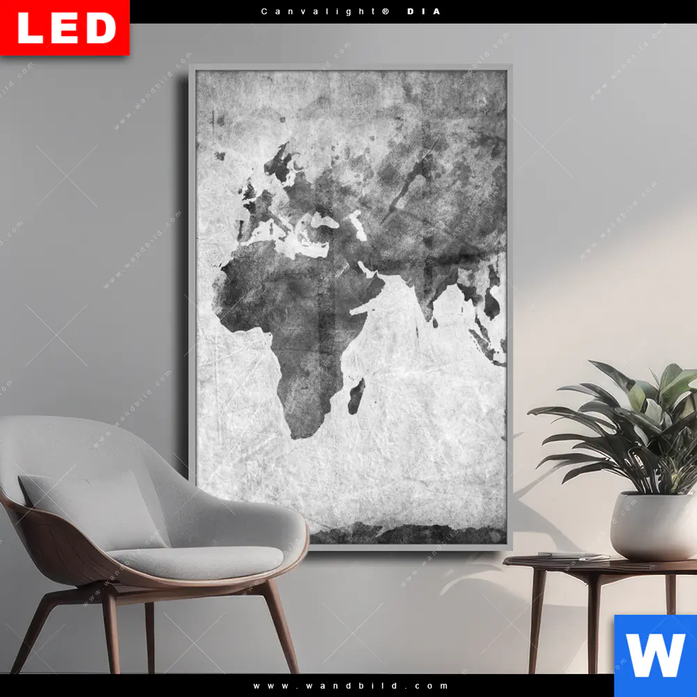 Wechselmotiv Acrylglas Canvalight® DIA | Weltkarte Grautöne | Hochformat