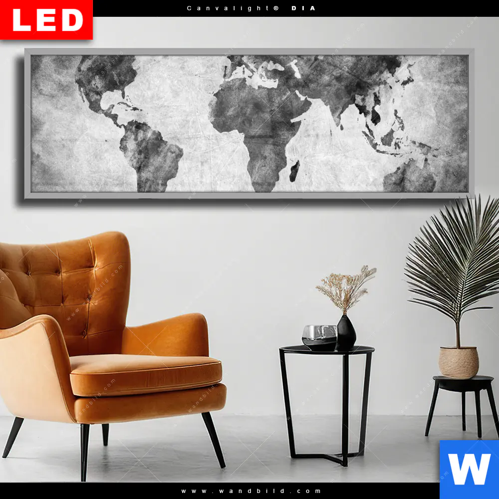 Wechselmotiv Acrylglas Canvalight® DIA | Weltkarte Grautöne | Panorama