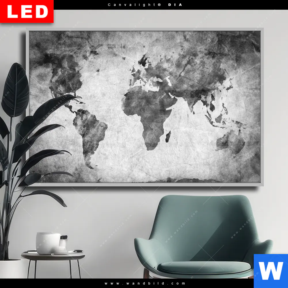 Wechselmotiv Acrylglas Canvalight® DIA | Weltkarte Grautöne | Querformat