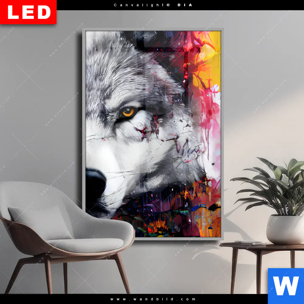 Wechselmotiv Acrylglas Canvalight® DIA | Wolf mit bunten Farbspritzern | Hochformat