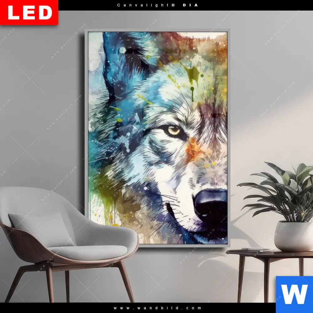 Wechselmotiv Acrylglas Canvalight® DIA | Wolf mit bunten Farbspritzern No. 2 | Hochformat