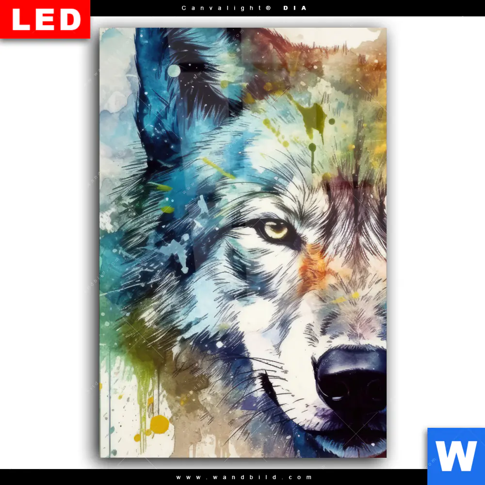 Wechselmotiv Acrylglas Canvalight® DIA | Wolf mit bunten Farbspritzern No. 2 | Hochformat - Image 2