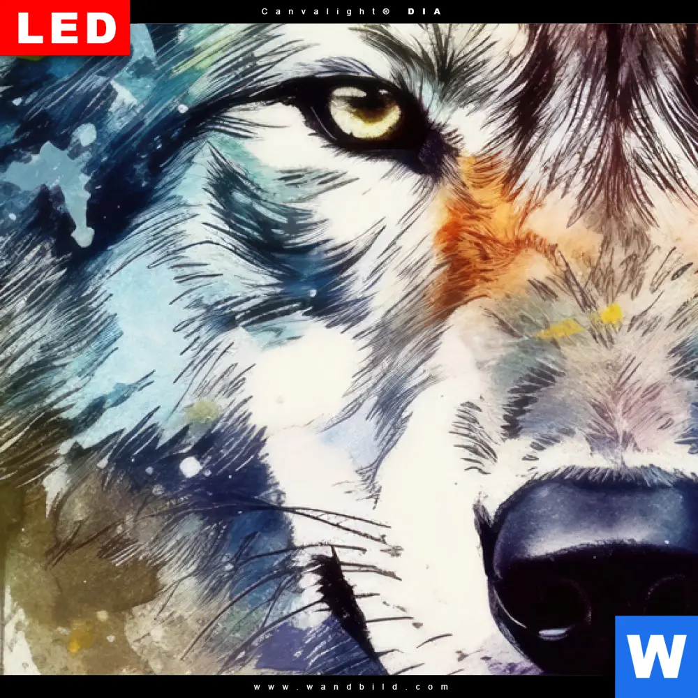 Wechselmotiv Acrylglas Canvalight® DIA | Wolf mit bunten Farbspritzern No. 2 | Panorama - Image 4
