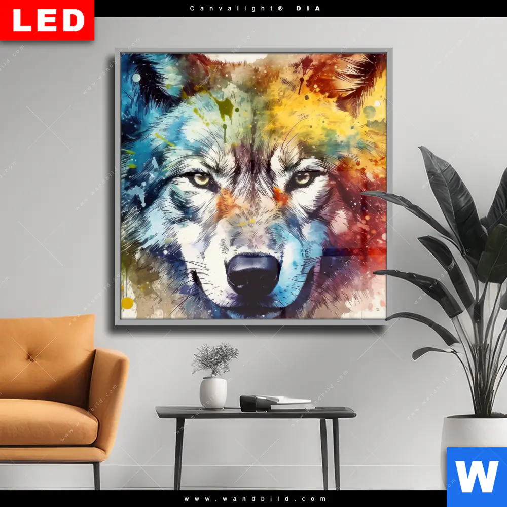 Wechselmotiv Acrylglas Canvalight® DIA | Wolf mit bunten Farbspritzern No. 2 | Quadrat