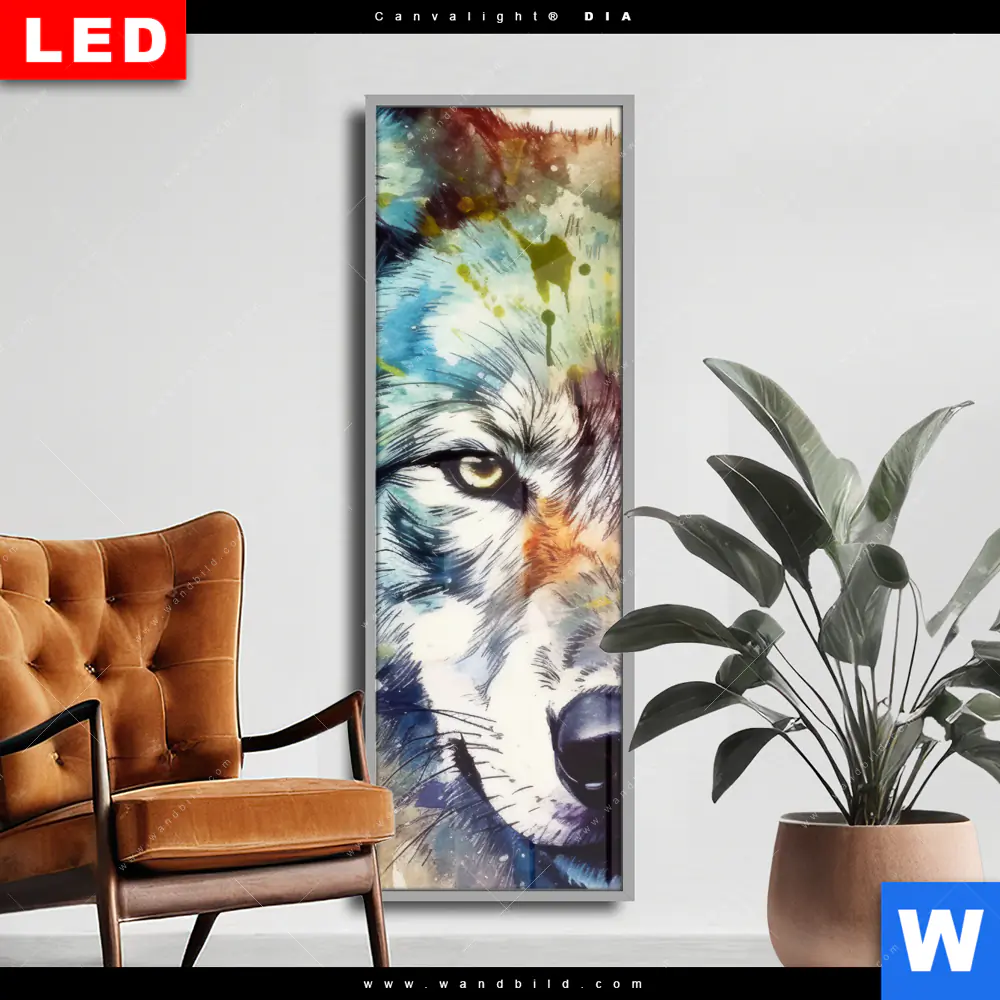 Wechselmotiv Acrylglas Canvalight® DIA | Wolf mit bunten Farbspritzern No. 2 | Schmal
