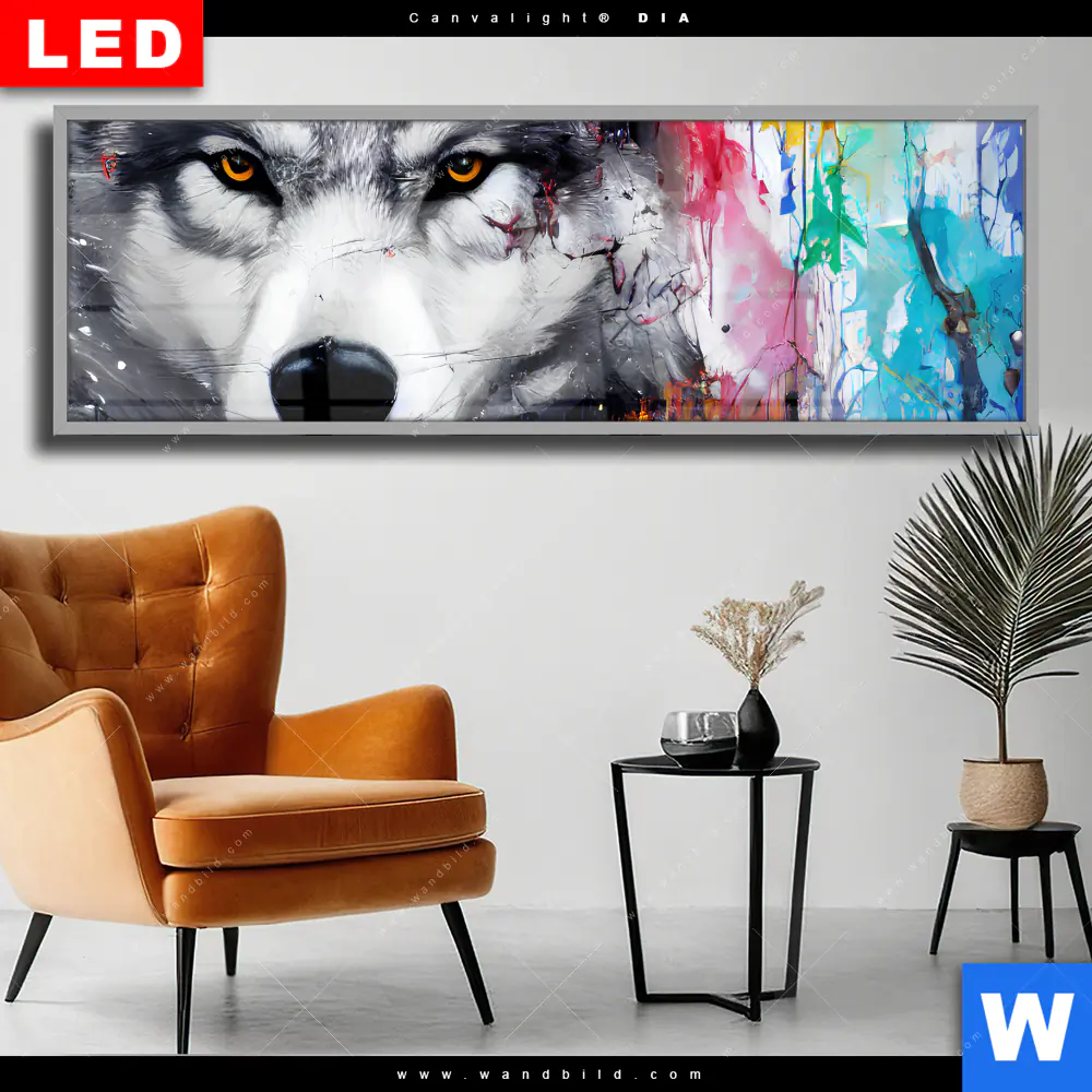 Wechselmotiv Acrylglas Canvalight® DIA | Wolf mit bunten Farbspritzern | Panorama