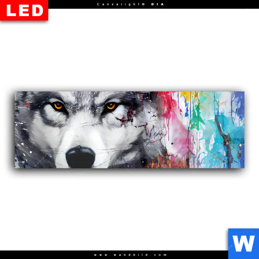 Wechselmotiv Acrylglas Canvalight® DIA | Wolf mit bunten Farbspritzern | Panorama - Image 2