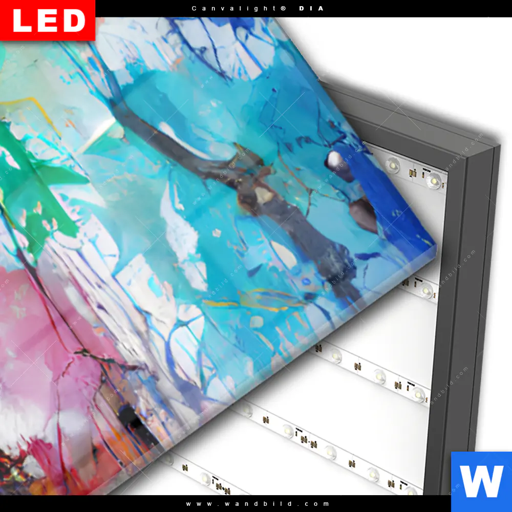 Wechselmotiv Acrylglas Canvalight® DIA | Wolf mit bunten Farbspritzern | Panorama - Image 3