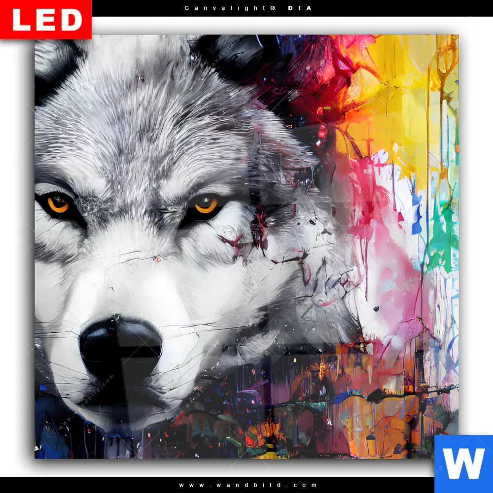 Wechselmotiv Acrylglas Canvalight® DIA | Wolf mit bunten Farbspritzern | Quadrat - Image 2