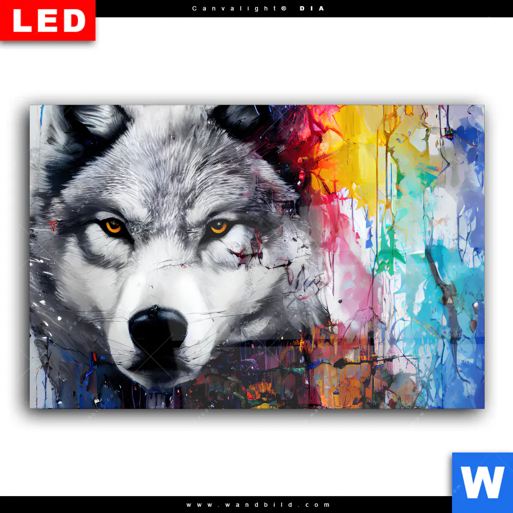 Wechselmotiv Acrylglas Canvalight® DIA | Wolf mit bunten Farbspritzern | Querformat - Image 2
