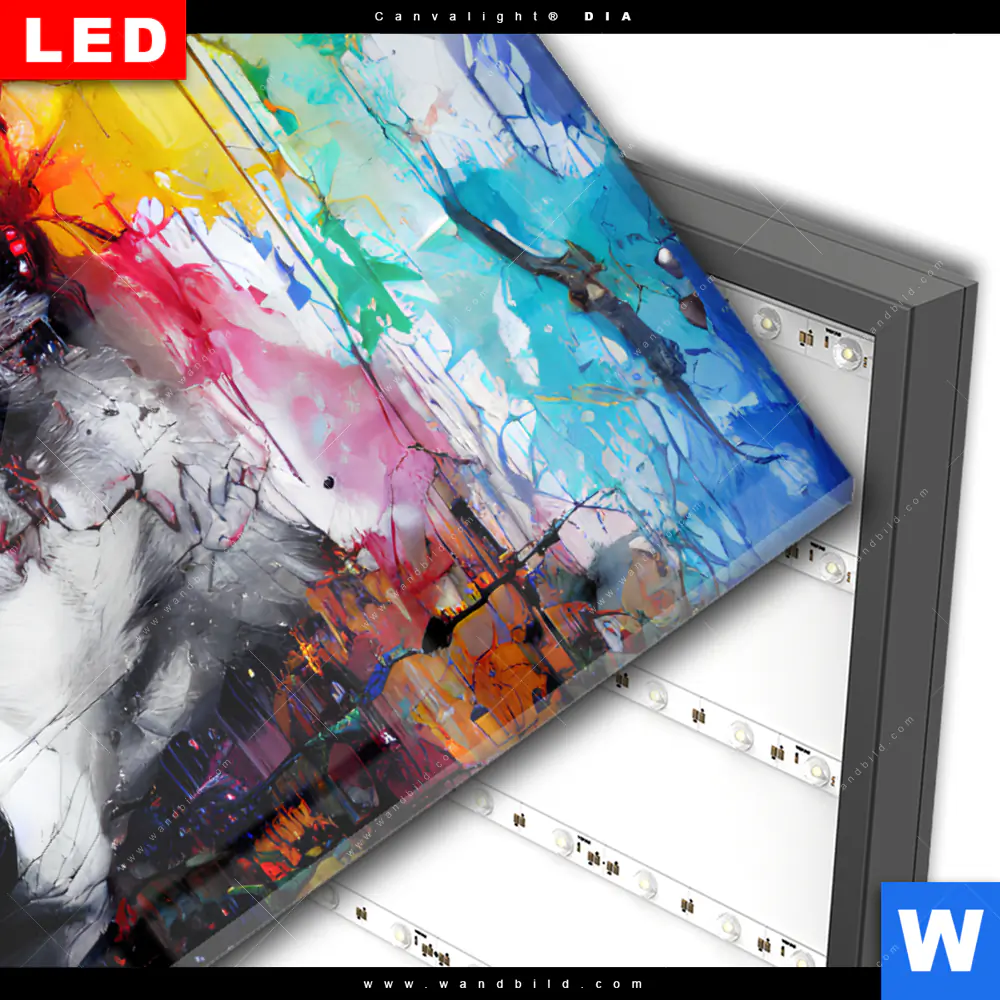 Wechselmotiv Acrylglas Canvalight® DIA | Wolf mit bunten Farbspritzern | Querformat - Image 3