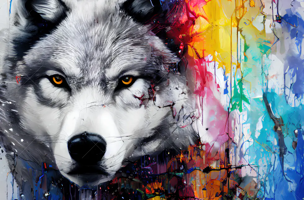 Wechselmotiv Acrylglas Canvalight® DIA | Wolf mit bunten Farbspritzern | Querformat - Image 5