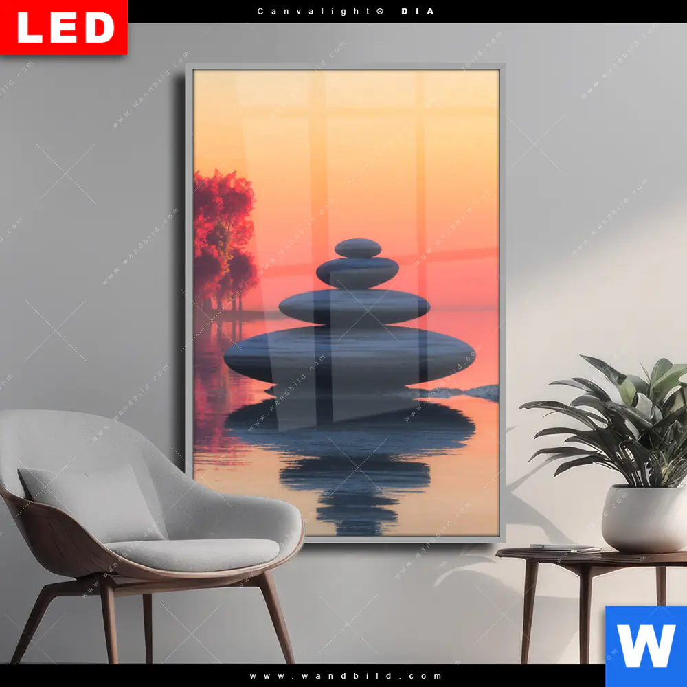 Wechselmotiv Acrylglas Canvalight® DIA | Zen Steine & Sonnenuntergang | Hochformat