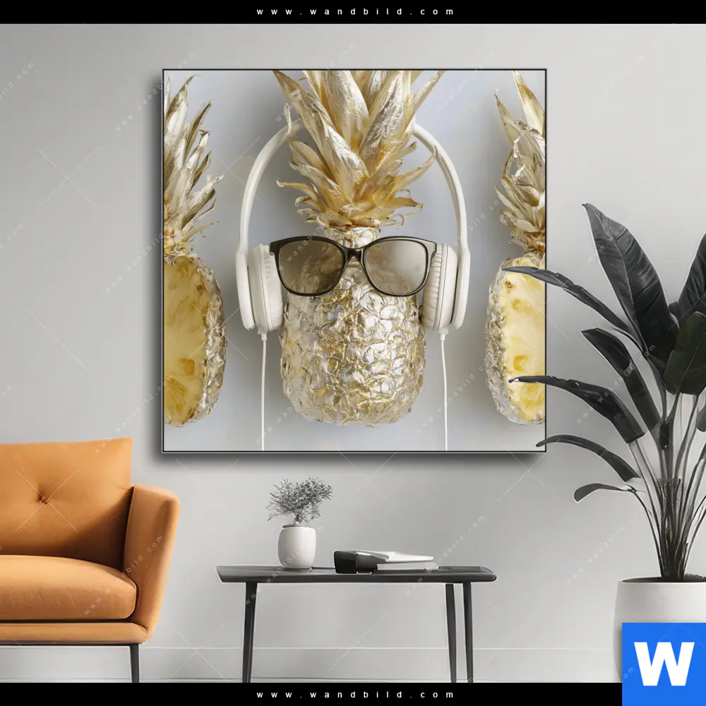 Wechselmotiv | Goldene Ananas mit Kopfhörern | Quadrat